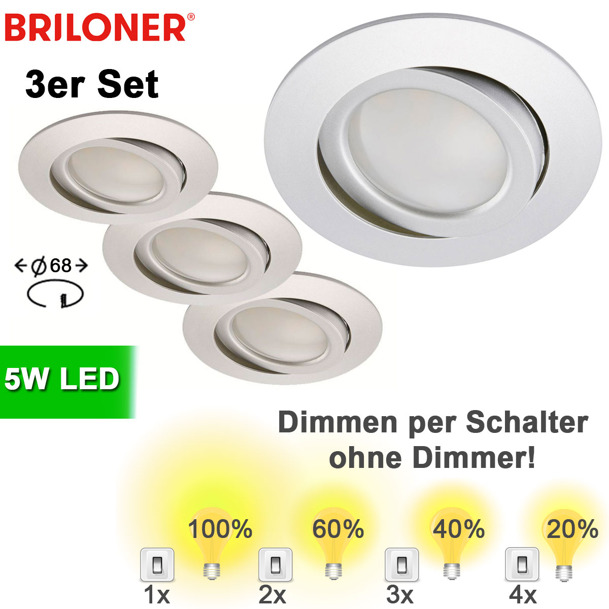 3er-set-click-per-dimm-psot-5w 3x LED Einbauspot dimmbar per Schalter schwenkbar Aluminium 68 mm ? 3er Set Einbaustrahler LED dimmbar ohne Dimmer drehbar ? LED Spots Decke 230V günstig ?