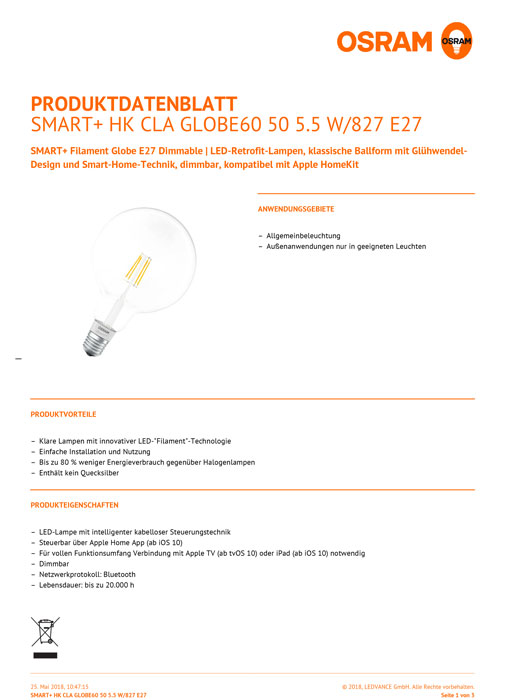 5-OSRAM-SMART-LED-E27-5-5Watt-2700Kelvin-650Lumen Osram Smart+ Filament Globe E27 5.5W stufenlos dimmbar für Apple HomeKit ? Smart Home Set Birne Leuchtmittel dimmbar Bluetooth ?