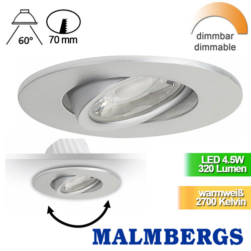 einbau-spot-strahler-deckenspot-led-silber-dimmbar-schwenkbar-85mm-230v-rund-einbauspots-sehr-flach-MD-880-malmbergs-9974489-saasil-de LED Einbauspot silber dimmbar schwenkbar 4,5W 85mm ? Einbaustrahler LED dimmbar drehbar rund ? Spot Decke LED einbauen LED Spots 230V zum dimmen hier günstig ?