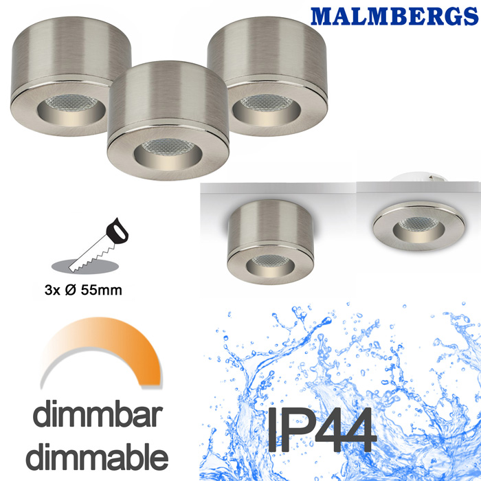 md-31-led-kit-malmbergs-9974495-unterput-aufputz-led-spots-60mm-55mm MD-31 LED Kit Malmbergs 9974495 Satin 3er Set LED Spots Einbau & Aufbau dimmbar Alu IP44 55mm
