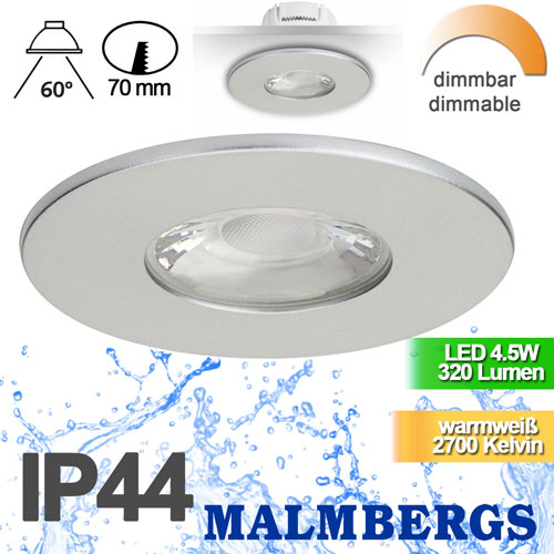 5-led-deckenspot-silber-dimmbar-80mm-warmweiss-flach-ip44-bad-230v-rund-einbauspots-sehr-flach-MD-881-malmbergs-9974491-saasil-de LED Einbauspot silber dimmbar 4,5W 80mm warmweiß IP44 ? Einbaustrahler LED dimmbar Badezimmer ? Spot Decke LED einbauen LED Spots 230V zum dimmen hier günstig