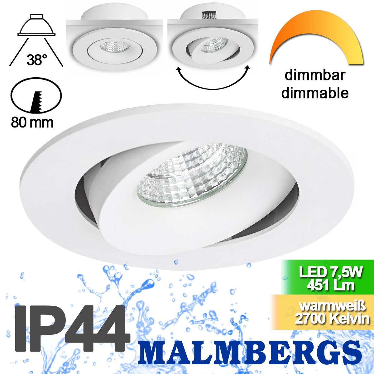 led-einbauleuchten-mit-breiten-rahmen-weiss-schwenkbar-dimmbar-ip44-einbau-spot-80mm-malmbergs-9974452 LED Spot mit breiten Rahmen 80mm 7.5W dimmbar weiß IP44 ? LED Einbauleuchte Einbaustrahler breiter Rand schwenkbar ? Einbauspots zum dimmen Badezimmer ?