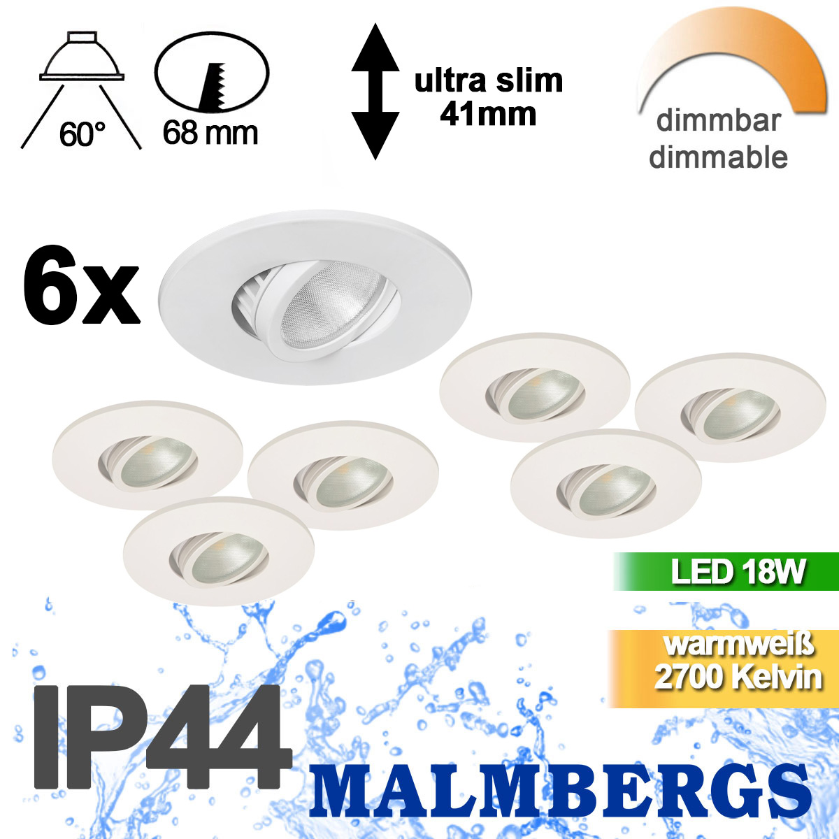 6er Set LED Spots dimmbar weiß schwenkbar 18W IP44 MD-350 – Stilvolle Beleuchtung für dein Zuhause 6er Set LED Spots dimmbar weiß schwenkbar 18W IP44 MD-350 – Stilvolle Beleuchtung für dein Zuhause
