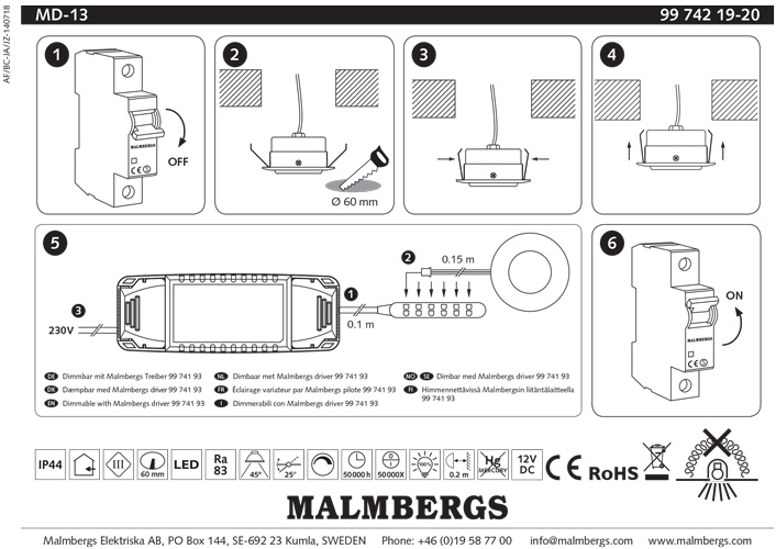 4-md13-led-kit-malmbergs-1-einbaustrahler-led-silber-matt-60mm-ipp44-einbauspots-bad-malmbergs-9974366-saasil-de 3er Set LED Einbaustrahler dimmbar schwenkbar weiß IP44 MD-13 Kit LED Malmbergs