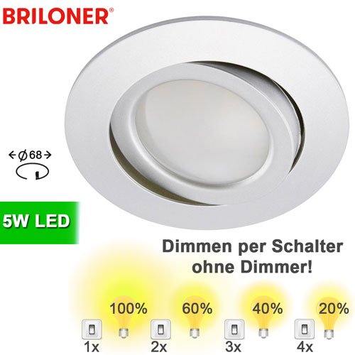 1-led-spots-decke-dimmbar-per-lichtschalter-ohne-dimmer-einbaustrahler-rund-aluminium-briloner-8309-019-saasil LED Einbauspot dimmbar per Schalter schwenkbar Aluminium ? Einbaustrahler LED dimmbar ohne Dimmer drehbar ? LED Spots Decke 230V ohne Trafo günstig kaufen ?