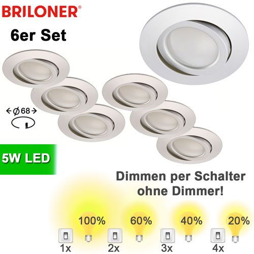 6er-set-led-spots-decke-dimmbar-per-lichtschalter-ohne-dimmer-einbaustrahler-rund-aluminium-briloner-8309-019-saasil 6x LED Einbauspot dimmbar per Schalter schwenkbar Aluminium 68 mm ? 3er Set Einbaustrahler LED dimmbar ohne Dimmer drehbar ? LED Spots Decke 230V günstig ?