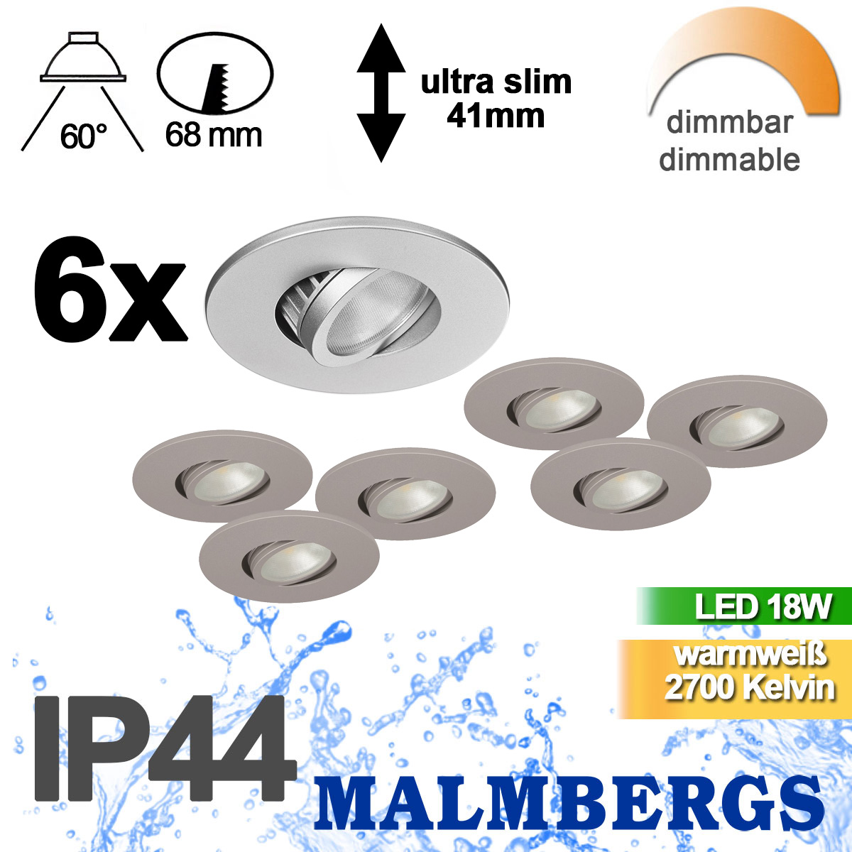 6er Set LED Spots dimmbar silber matt schwenkbar IP44 MD-350 – Stilvolle Beleuchtung für dein Zuhause 6er Set LED Spots dimmbar silber matt schwenkbar IP44 MD-350 – Stilvolle Beleuchtung für dein Zuhause
