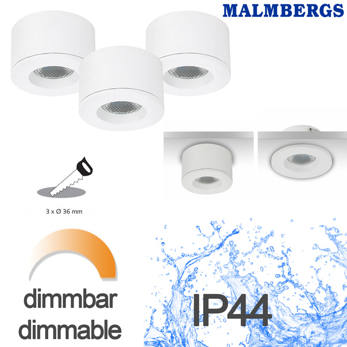 md-29-led-kit-malmbergs-9974492-mini-led-spots-moebel-leuchten-led-dimmbar 3er Set LED Spots Einbau & Aufbau dimmbar weiß IP44 36mm MD-29 Malmbergs 9974492