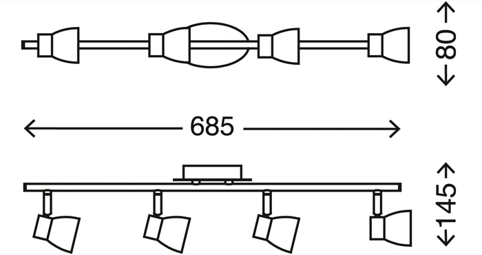 2914-042-abmessungen LED Strahlerleiste 4flg nickel-matt schwenkbar inkl GU10 FOUR Briloner 2914-042