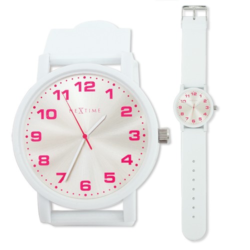 dash-white-watch-armbanduhr-6011-46cm-8 Armbanduhr in weiß mit silbernen Ziffernblatt und pinken Ziffern
