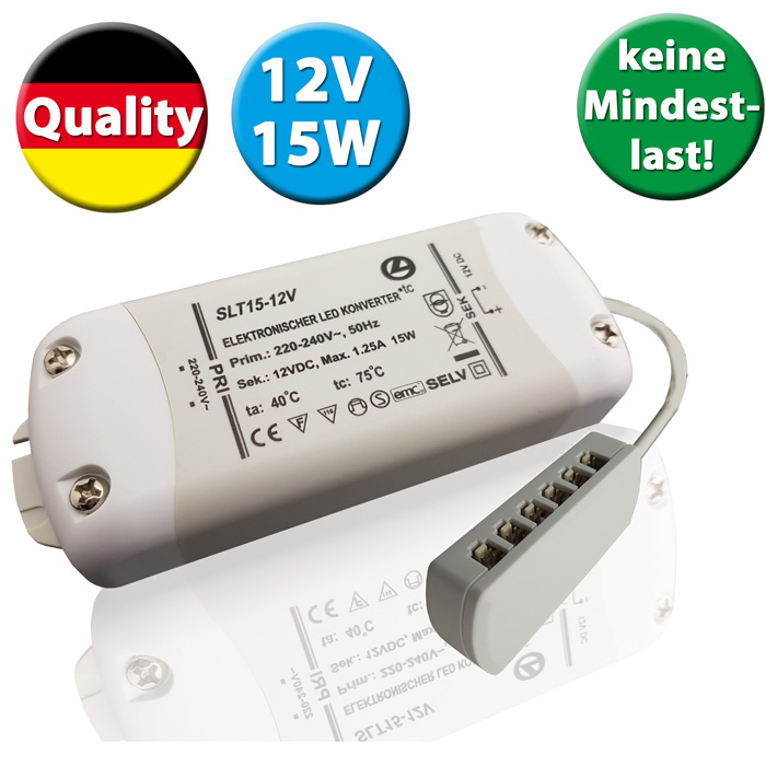 slt15-12v-led-trafo-keine-mindestlast-15w-12v-led-transformator-flach-led-driver-titelbild LED Trafo 15W, 12V DC, inkl. 6-fach Verteiler, LED Konverter 220-240V von Selv LED Driver Treiber ohne Mindestlast LED Transformator Ersatzteile günstig kaufen