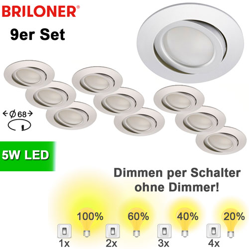 9er-set-alu-led-spots-dimmbar-per-schalter-8309-019-briloner 9x LED Einbauspot dimmbar per Schalter schwenkbar Aluminium 68 mm ? 9er Set Einbaustrahler LED dimmbar ohne Dimmer drehbar ? LED Spots Decke 230V günstig ?