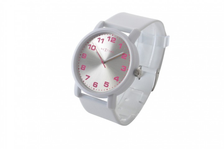 dash-white-watch-armbanduhr-6011-46cm-6 Armbanduhr in weiß mit silbernen Ziffernblatt und pinken Ziffern