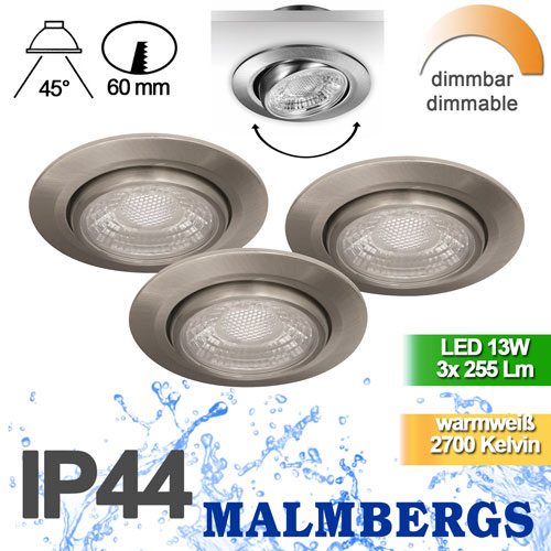 1-einbaustrahler-led-silber-matt-60mm-ipp44-einbauspots-bad-malmbergs-9974366-saasil-de 3er Set LED Einbaustrahler dimmbar schwenkbar silber IP44 ? Einbaustrahler LED dimmbar silber rund ? Spot Decke LED einbauen LED Spots 230V zum dimmen günstig
