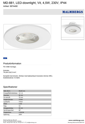 3-led-deckenspot-weiss-dimmbar-80mm-warmweiss-flach-ip44-bad-230v-rund-einbauspots-sehr-flach-MD-881-malmbergs-9974490-saasil-de LED Einbauspot weiß dimmbar 4,5W 80mm warmweiß IP44 ? Einbaustrahler LED dimmbar Badezimmer ? Spot Decke LED einbauen LED Spots 230V zum dimmen hier günstig