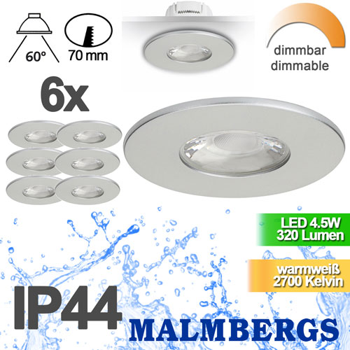 6er-set-schwenkbar-dimmbar-malmbergs-Wiederhergestellt 6x LED Einbauspot silber dimmbar 4,5W 70mm warmweiß IP44 ? 6er Einbaustrahler LED dimmbar Badezimmer ? Spot Decke LED einbauen LED Spots 230V zum dimmen hier günstig