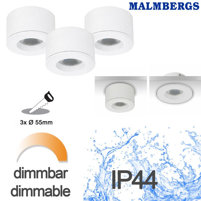 md-31-led-kit-weiss-malmbergs-9974494-led-spots-60mm-55mm 3er Set LED Spots Einbau & Aufbau dimmbar weiß IP44 55mm MD-31 LED Kit Malmbergs 9974494