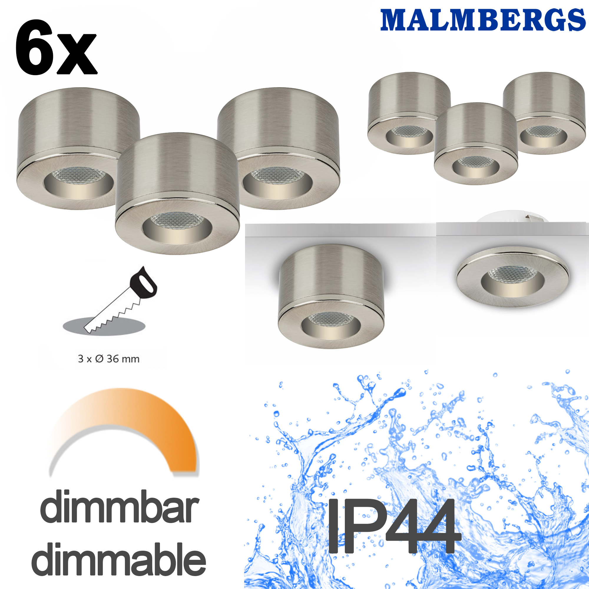 Malmbergs MD-29 LED Kit satin 6er Set LED Spots Einbau & Aufbau dimmbar Alu IP44 36mm – Stilvolle Beleuchtung für dein Zuhause Malmbergs MD-29 LED Kit satin 6er Set LED Spots Einbau & Aufbau dimmbar Alu IP44 36mm – Stilvolle Beleuchtung für dein Zuhause