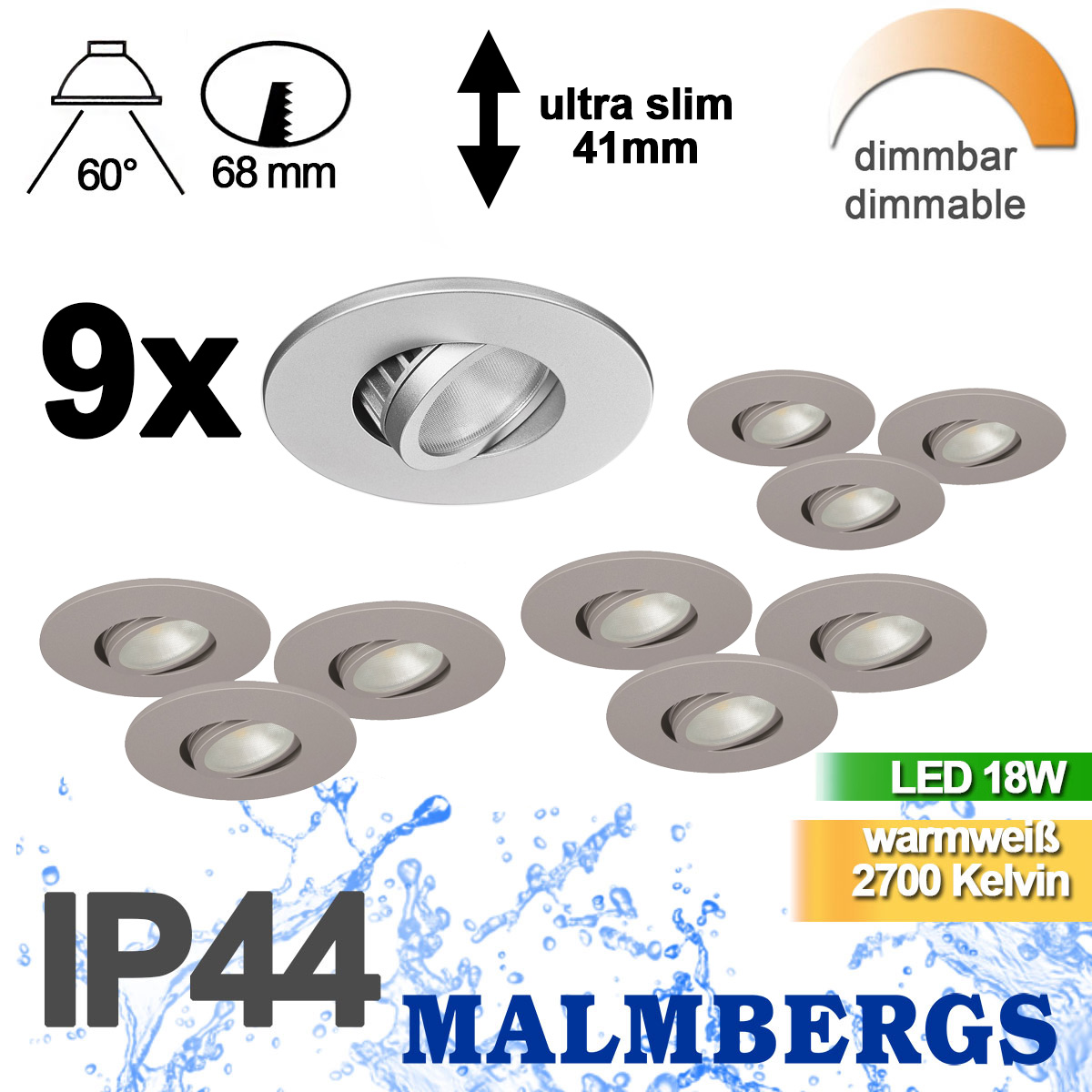 9er Set LED Spots dimmbar silber matt schwenkbar IP44 MD-350 – Stilvolle Beleuchtung für dein Zuhause 9er Set LED Spots dimmbar silber matt schwenkbar IP44 MD-350 – Stilvolle Beleuchtung für dein Zuhause
