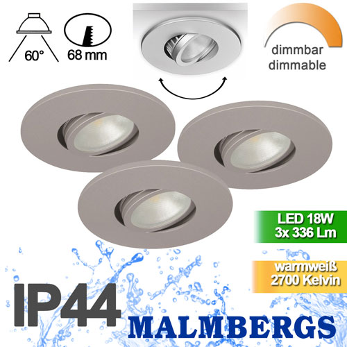 1-led-deckenspots-dimmbar-schwenkbar-silber-matt-ip44-3er-set-led-spots-malmbergers-9974370-saasil-de 3er Set LED Einbaustrahler dimmbar silber matt schwenkbar Spots IP44 ? Einbaustrahler LED dimmbar rund Bad ? Spot Decke LED Spots 230V zum dimmen günstig