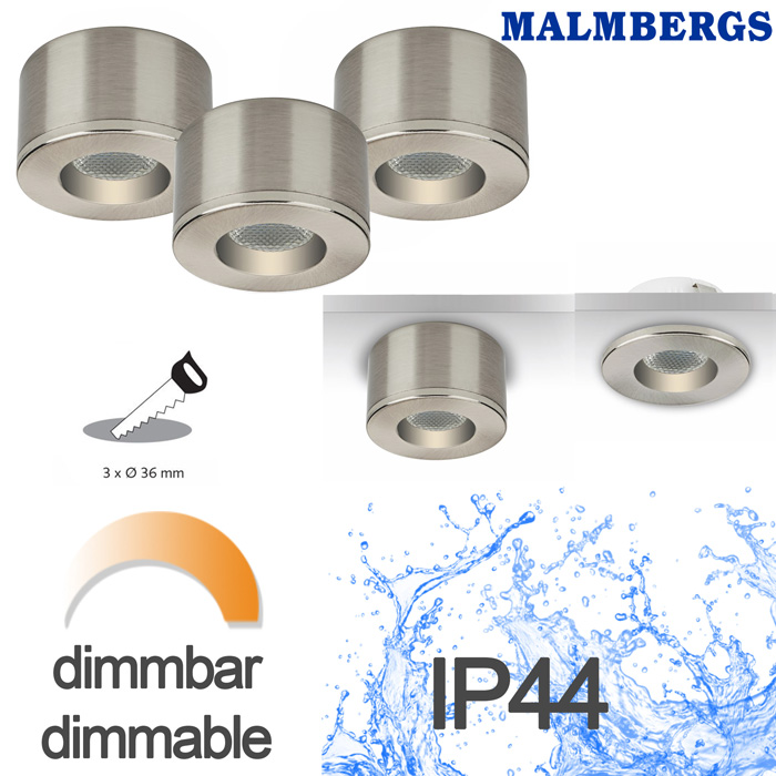 md-29-led-kit-alu-malmbergs-9974493-mini-led-spots-moebel-dimmbar-230v 3er Set LED Spots Einbau & Aufbau dimmbar Alu IP44 36mm MD-29 LED Kit Satin Malmbergs 9974493