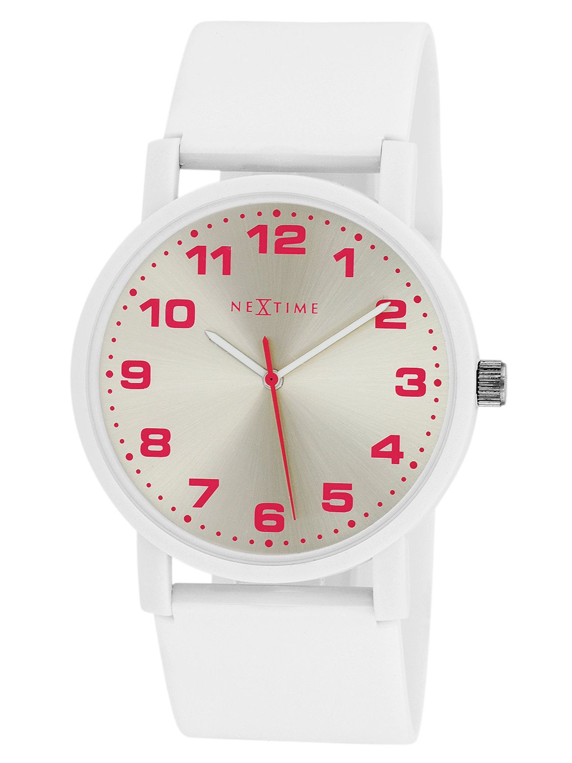 dash-white-watch-armbanduhr-6011-46cm Armbanduhr in weiß mit silbernen Ziffernblatt und pinken Ziffern