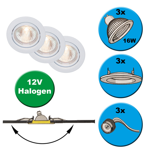 titel-ron-einbaustrahler-weiss-inkl-14w-halogen-12v-schwenkbar-brilliant-G9464811-ean-4004353189029-saasil-de 3er Set Einbaurahmen schwenkbar Halogen 16W 12V Deckenstrahler Ron * Rund Einbau Spots von Brilliant Deckenspots Set Halogen weiß drehbar * Spot Lampe Decke