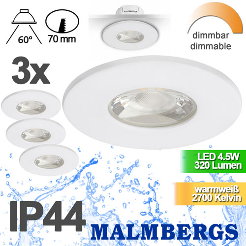 3er-set-led-deckenspot-weiss-dimmbar-80mm-warmweiss-flach-ip44-bad-230v-rund-einbauspots-sehr-flach-MD-881-malmbergs-9974490-saasil-de 3x LED Einbauspot weiß dimmbar 4,5W 80mm warmweiß IP44 ? 3er Set Einbaustrahler LED dimmbar Badezimmer ? Spot Decke LED einbauen LED Spots 230V zum dimmen hier günstig