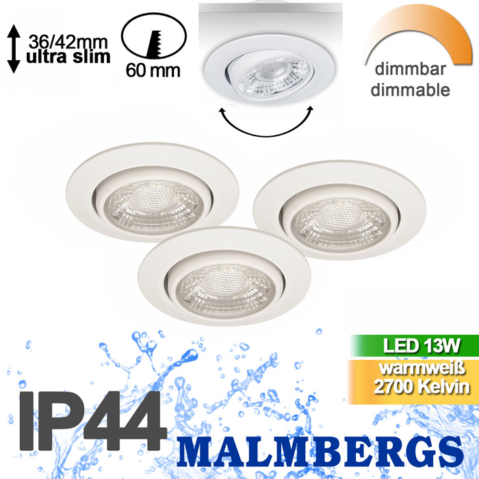md-13-malmbergs-deckenspot-bad-led-dimmbar-rund-weiss-strahler-decke-schwenkbar-malmbergs-9974367-MD-13-saasil 3er Set LED Einbaustrahler dimmbar schwenkbar weiß IP44 MD-13 Kit LED Malmbergs