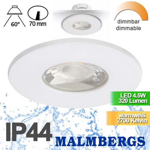 5-led-deckenspot-weiss-dimmbar-80mm-warmweiss-flach-ip44-bad-230v-rund-einbauspots-sehr-flach-MD-881-malmbergs-9974490-saasil-de LED Einbauspot weiß dimmbar 4,5W 80mm warmweiß IP44 ? Einbaustrahler LED dimmbar Badezimmer ? Spot Decke LED einbauen LED Spots 230V zum dimmen hier günstig